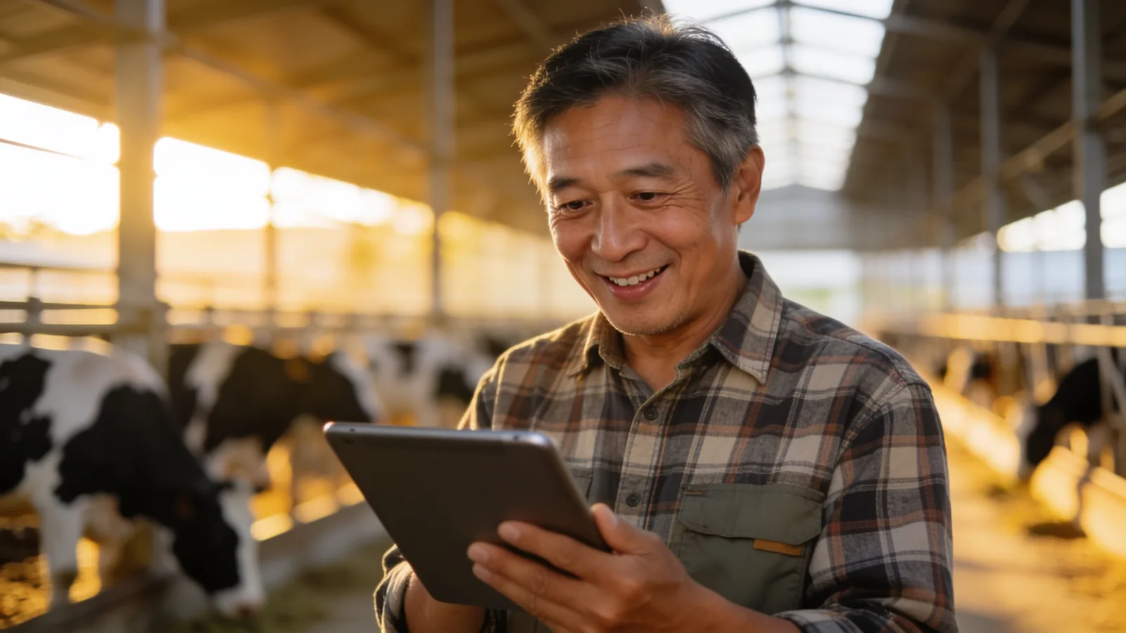 A dairy farmer checking a daily briefing on a tablet in the barn, smiling in surprise (illustrative image)