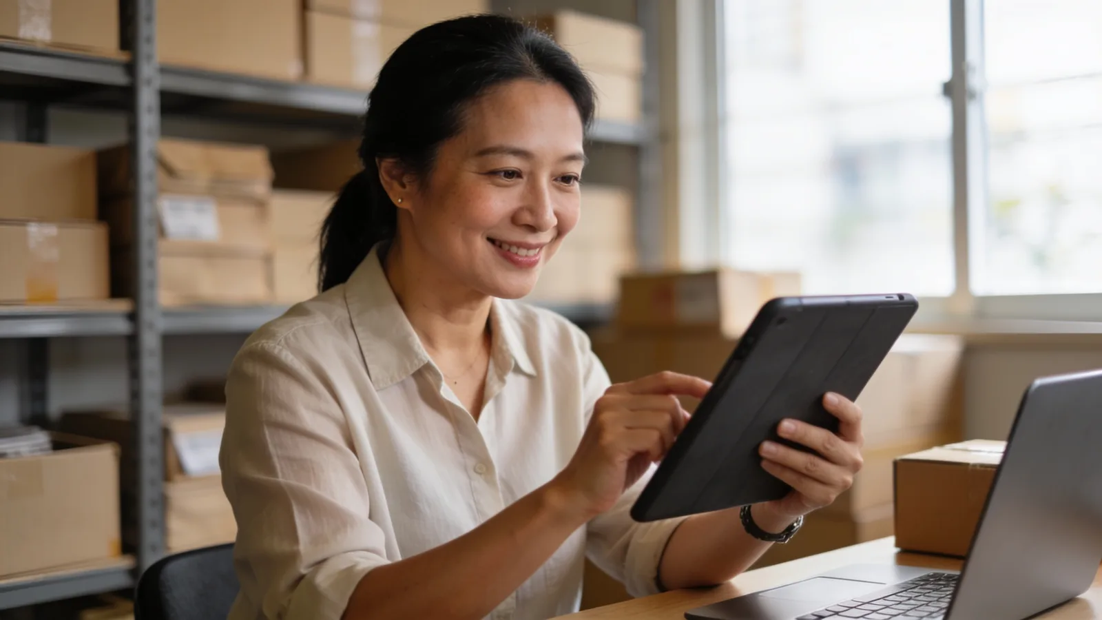 An e-commerce operator checking reports on a tablet in a warehouse office (illustrative image)