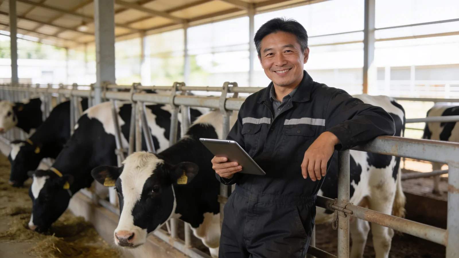 A farm owner smiling while holding a tablet beside the barn (illustrative image)