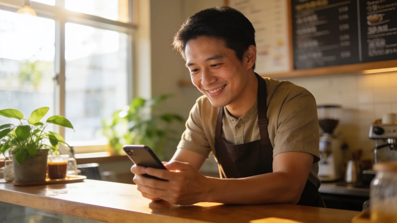Coffee shop owner smiling at phone messages behind the counter (illustrative image)